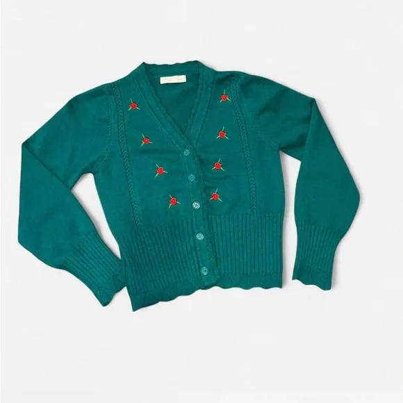 Belle Poque Green Cardigan with Red Embroidery Roses - Picture 2 of 7